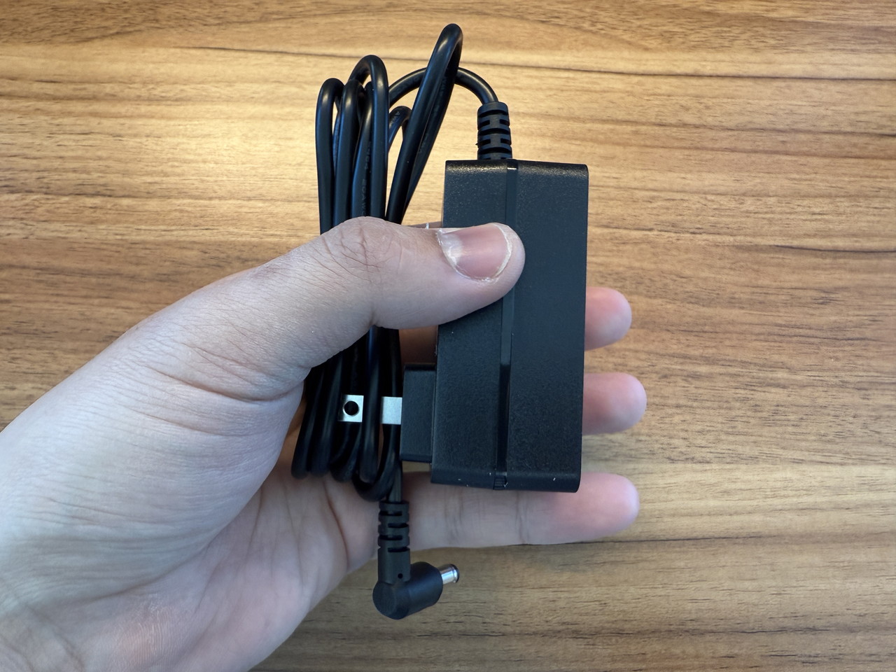電源アダプタを手に持つ様子