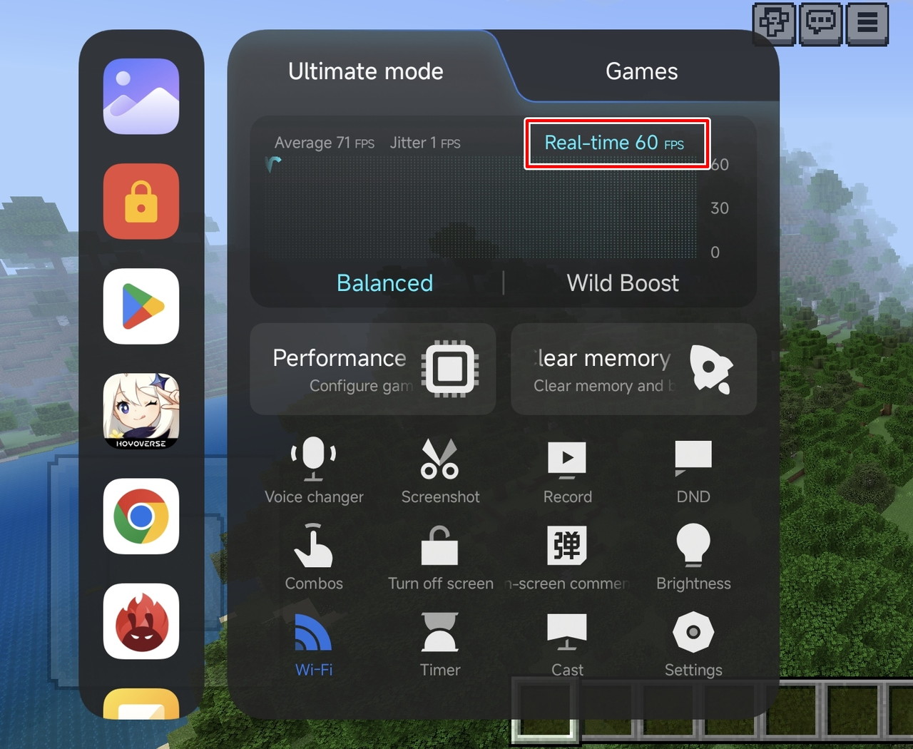 マインクラフトのフレームレート確認画面