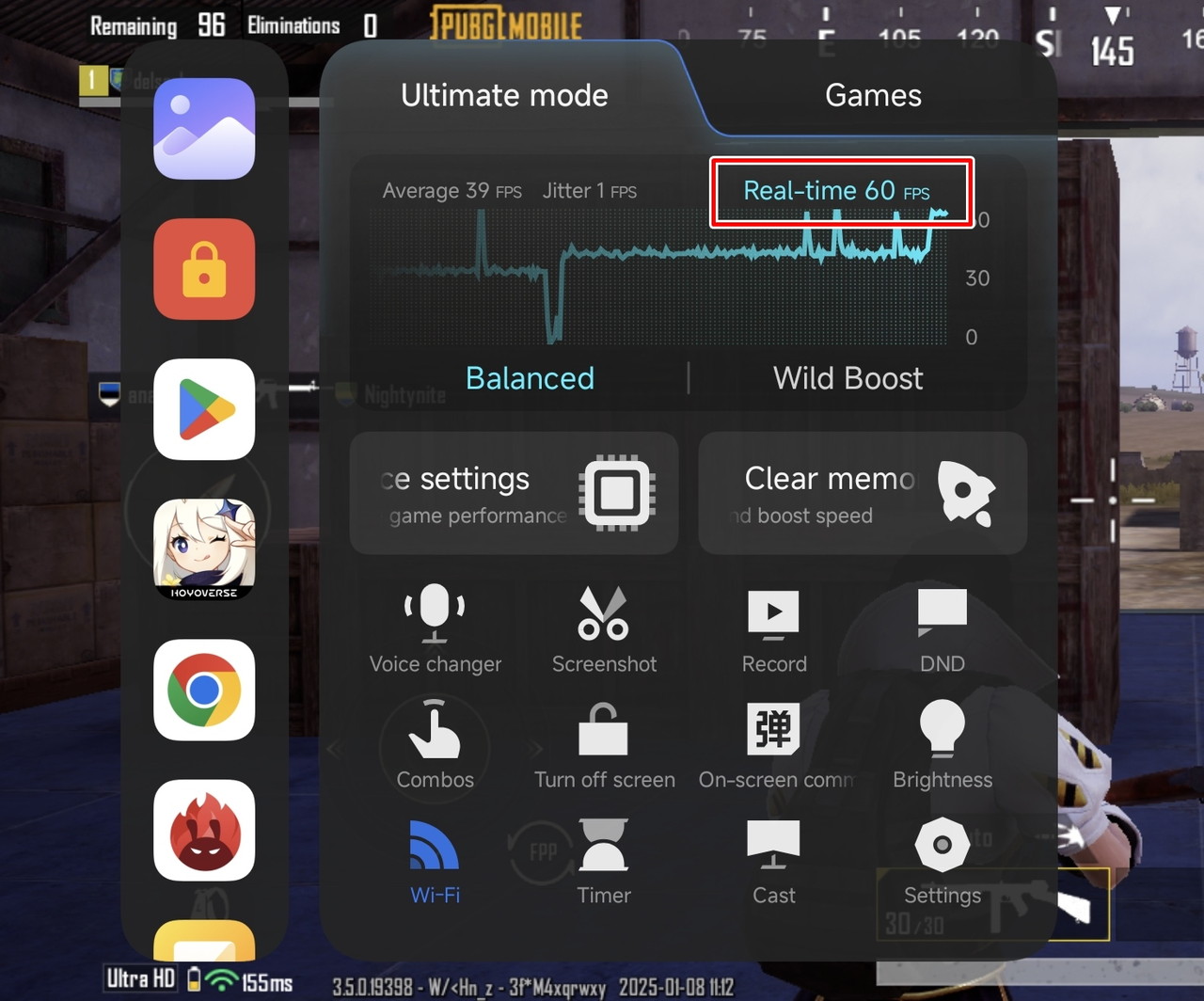 PUBGのフレームレート確認画面