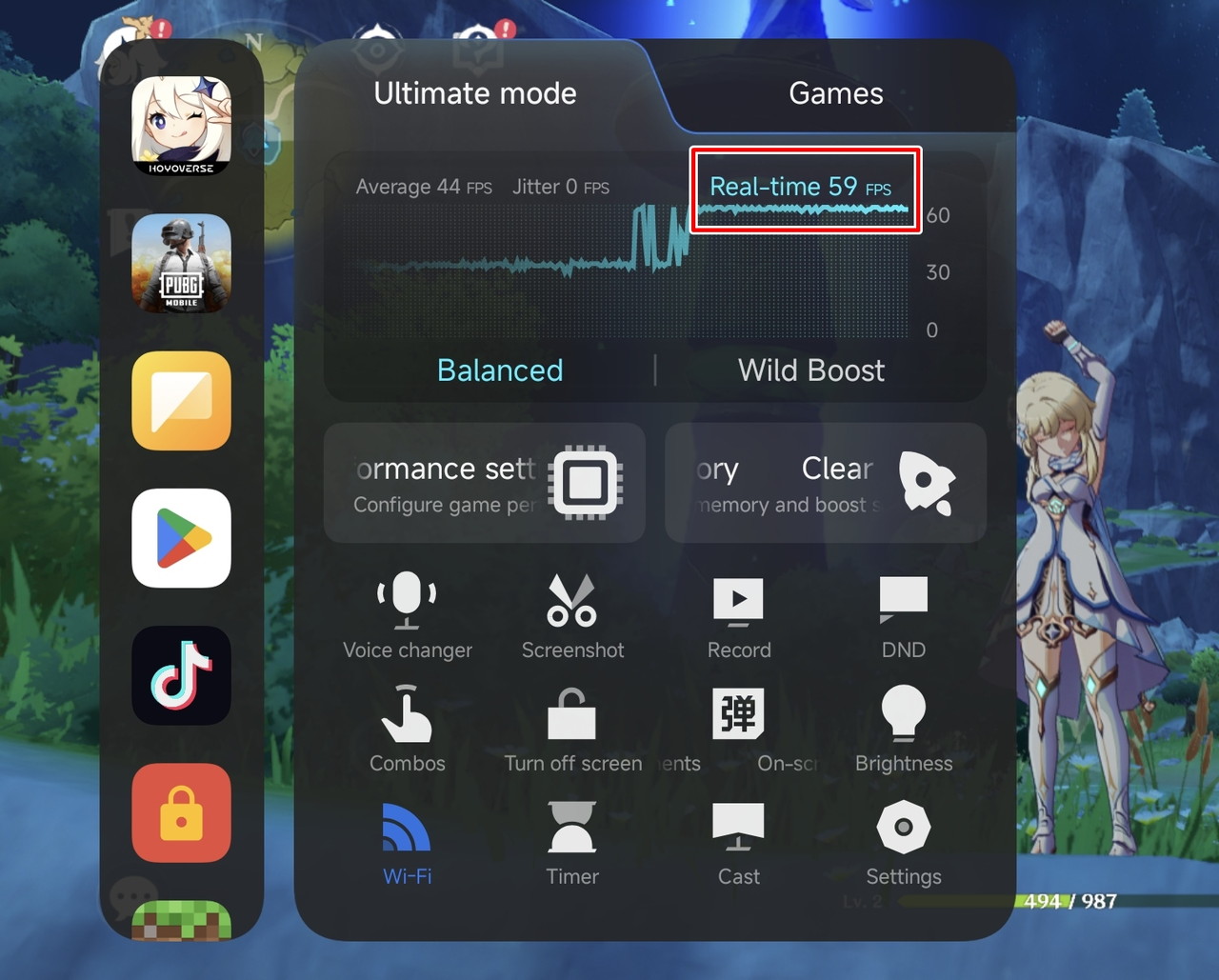 原神のフレームレート確認画面