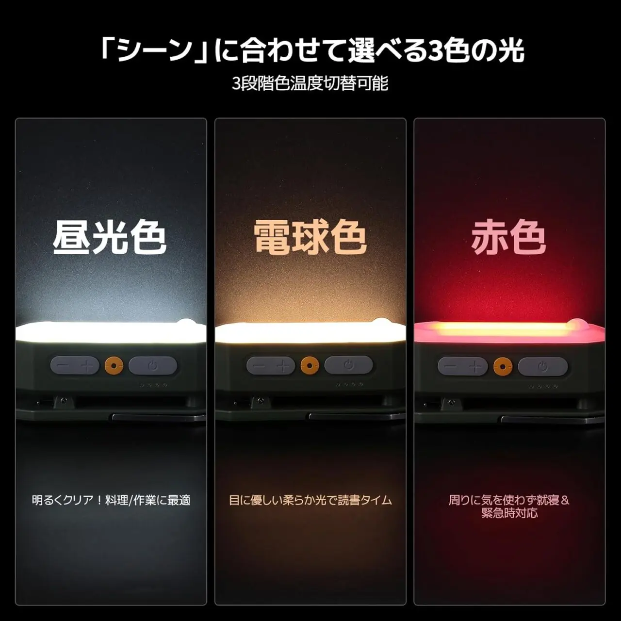 色温度は1000K(赤色) / 2500K(電球色) / 6500K(昼光色)の3種類に切り替えることができる