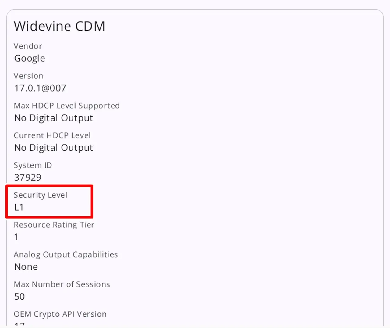 Blackview ZENO 1のWidevine確認画面