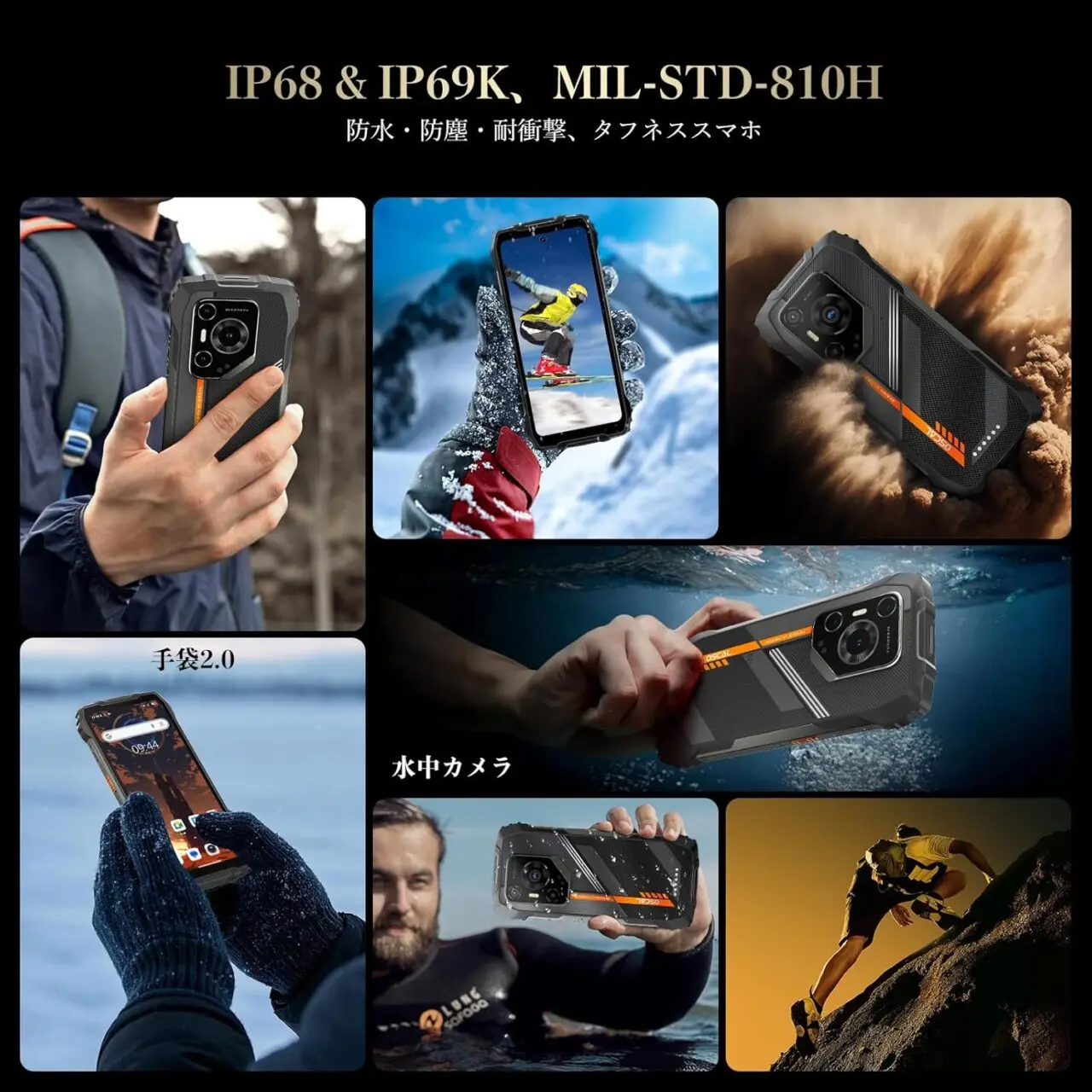 MIL-STD-810H等級の耐衝撃仕様と、IP68/IP69K等級の防水防塵仕様