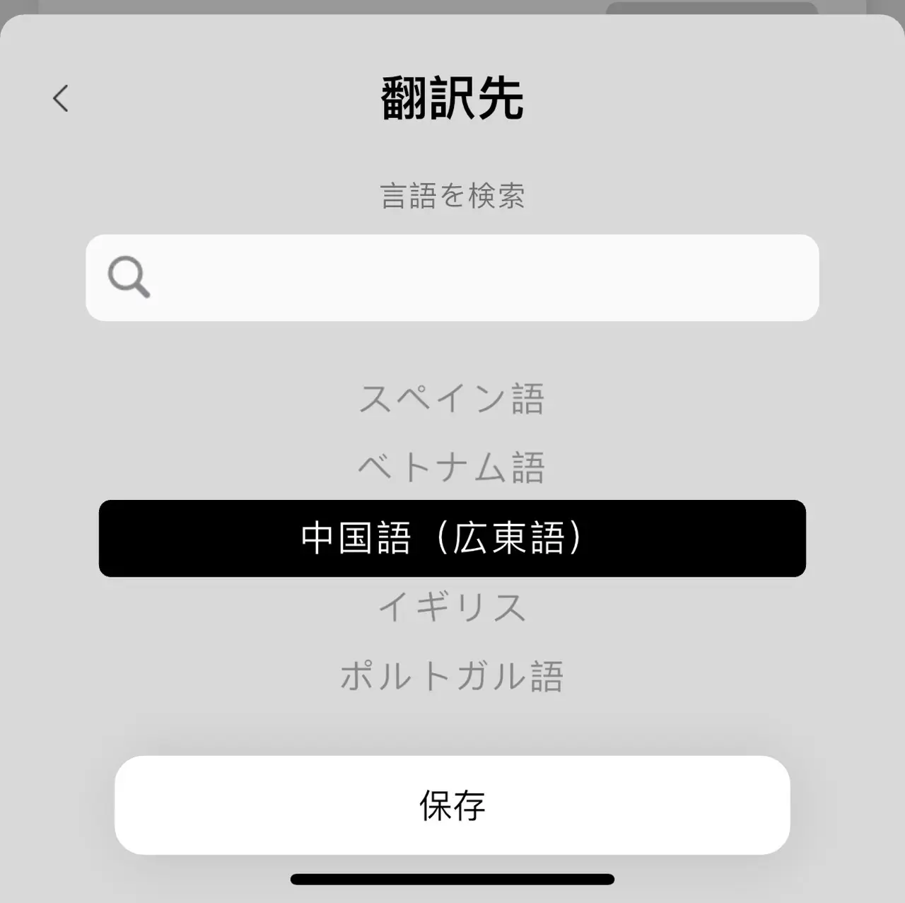 翻訳言語の選択画面