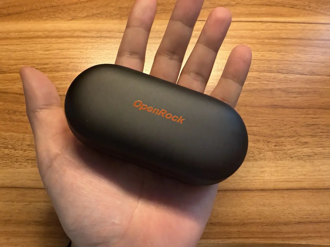 OpenRock Link 20の充電ケースを手のひらに載せている様子