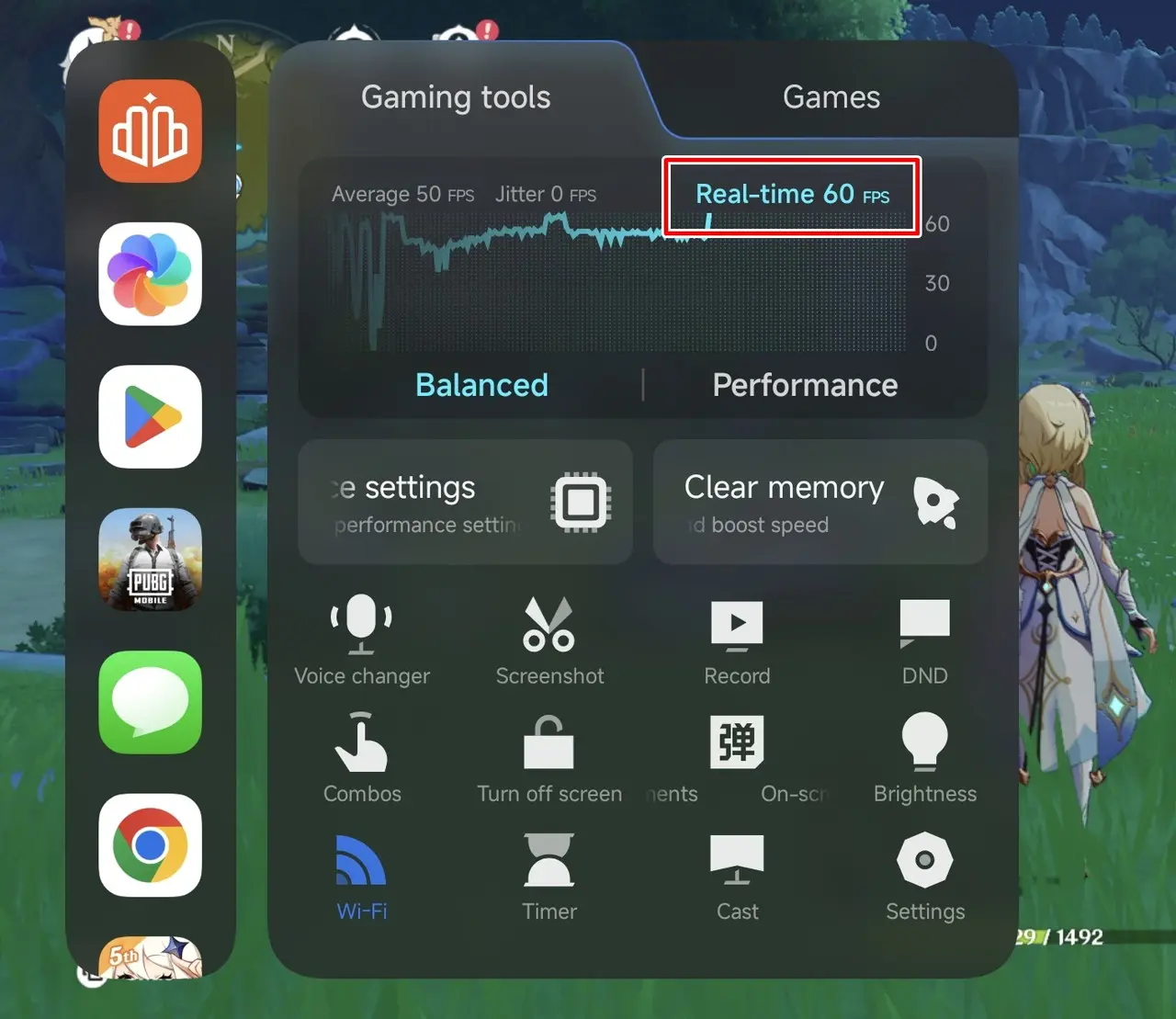 原神プレイ時のフレームレート確認画面