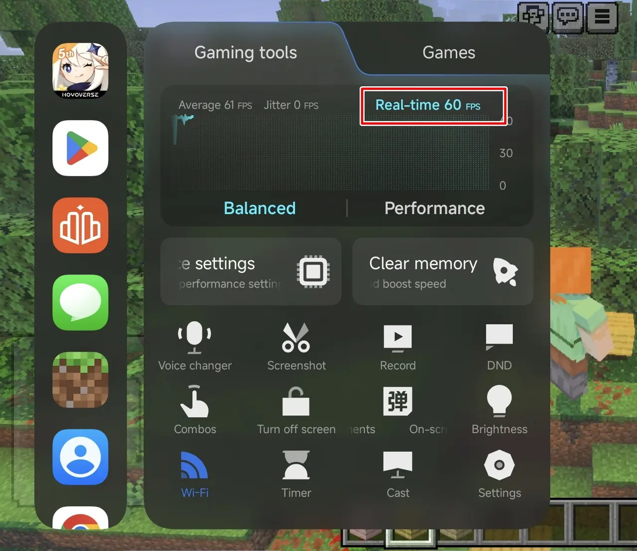 マインクラフトプレイ時のフレームレート確認画面