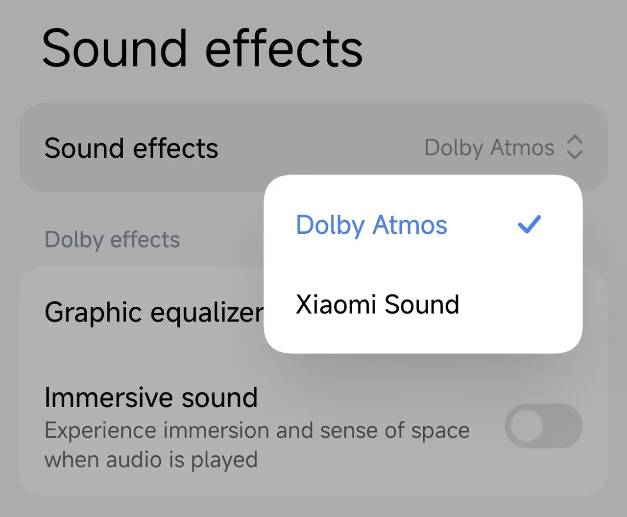 「Dolby Atmos」と「Xiaomi Sound」の切替画面