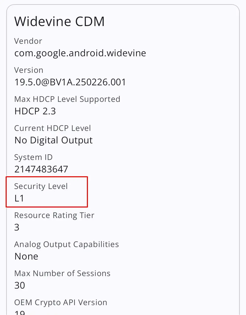 Xiaomi 17 ProのWidevine確認画面