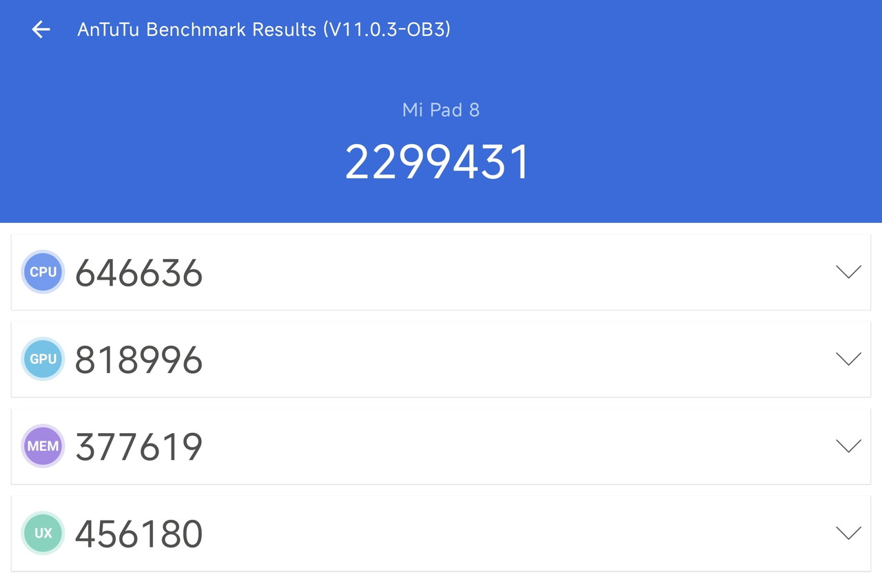 『Xiaomi Pad 8』のAnTuTuベンチマークテスト結果