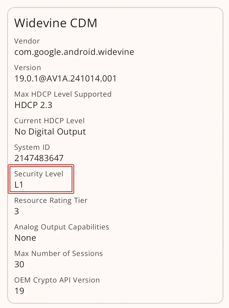 Xiaomi Pad 8のWidevine確認画面