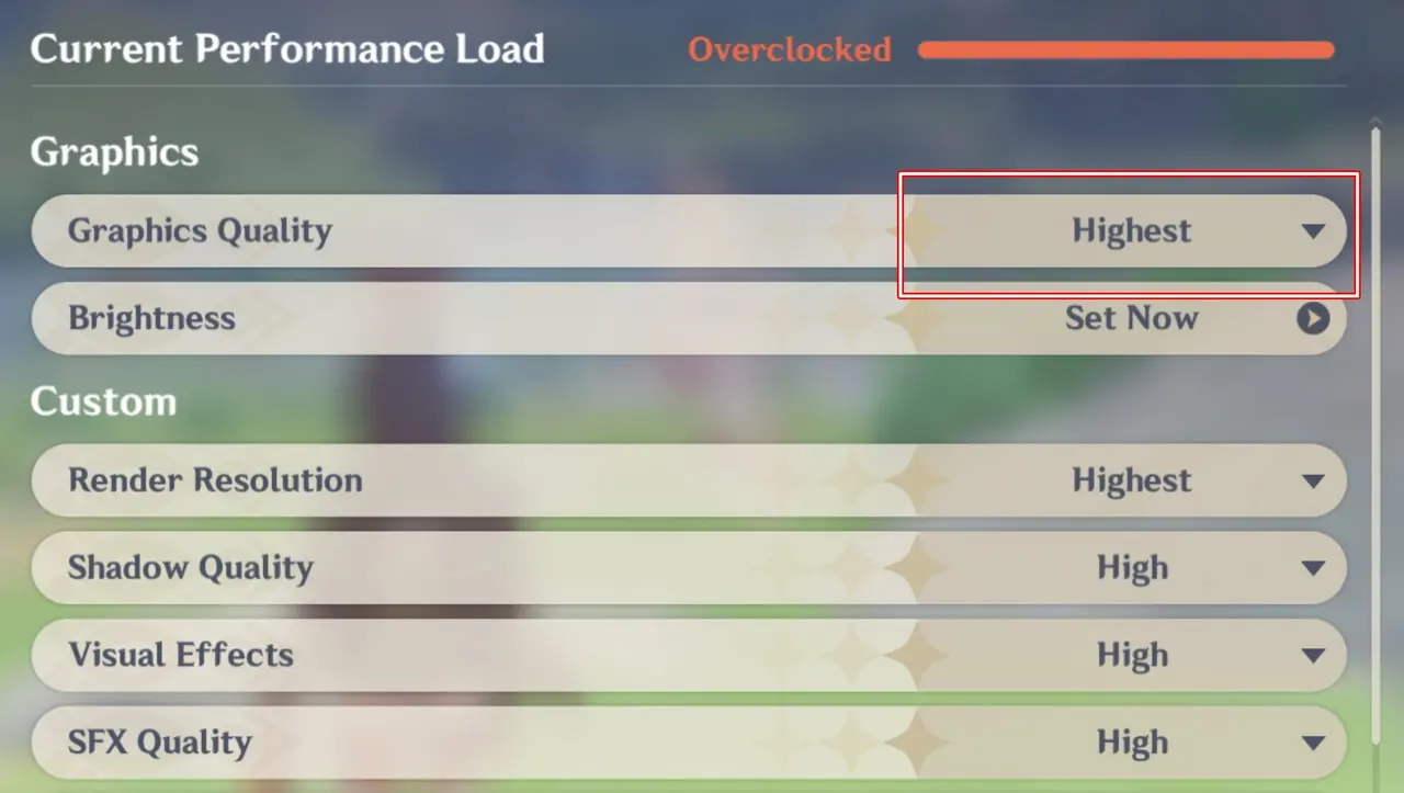 原神の画質設定画面(最高画質)