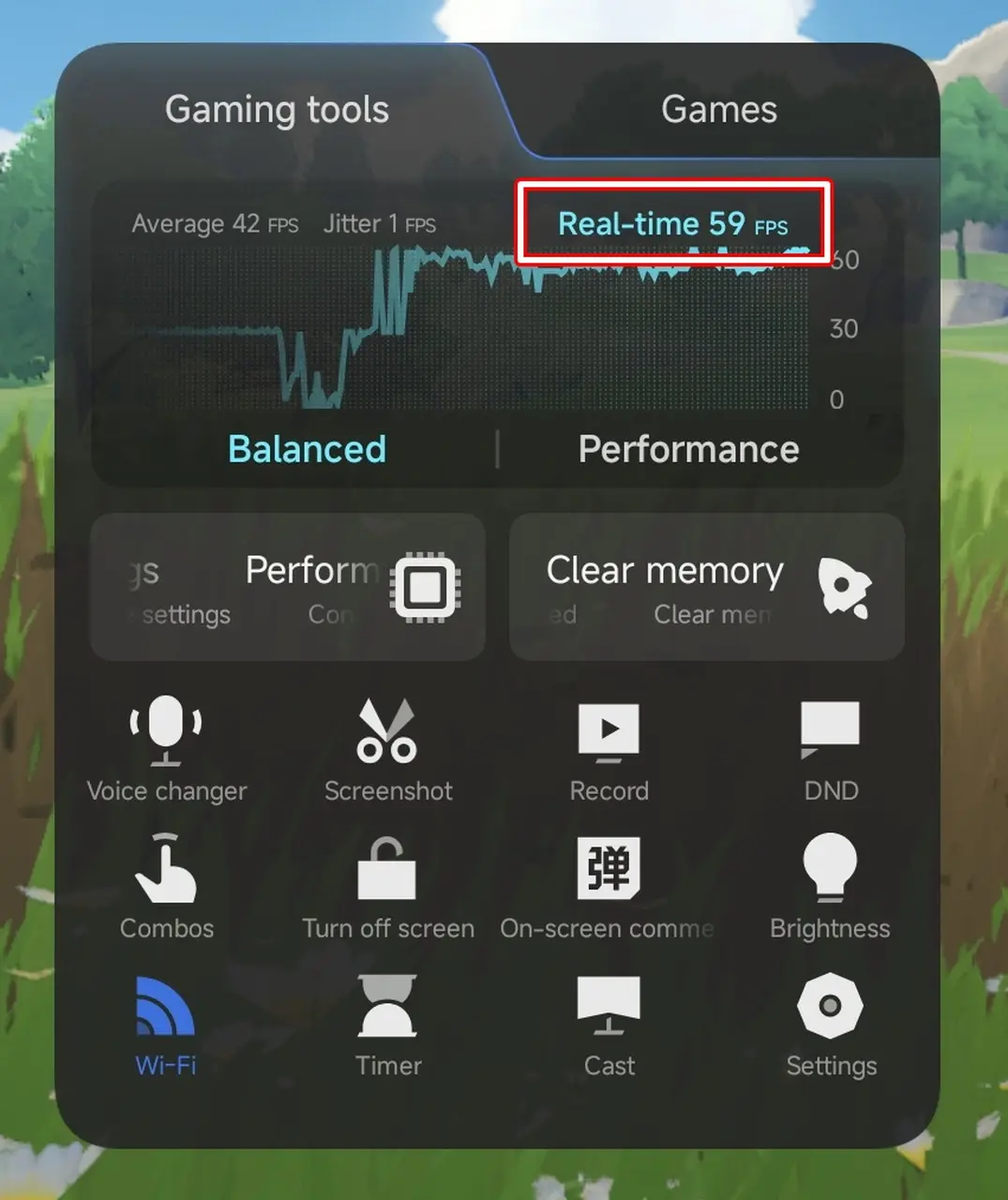 原神プレイ時のフレームレート確認画面