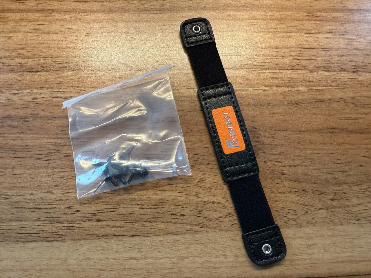 FOSSIBOT F113のハンドストラップとネジ