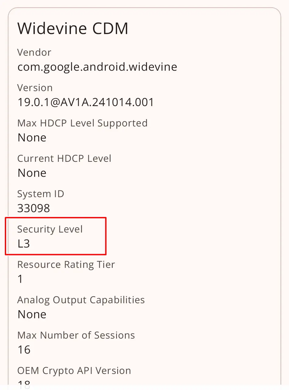 FOSSIBOT F113のWidevine確認画面