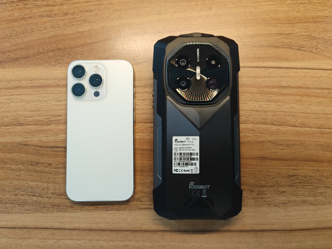 iPhone 16 Pro(左)と FOSSIBOT F113(右)を並べた様子(背面アングル)