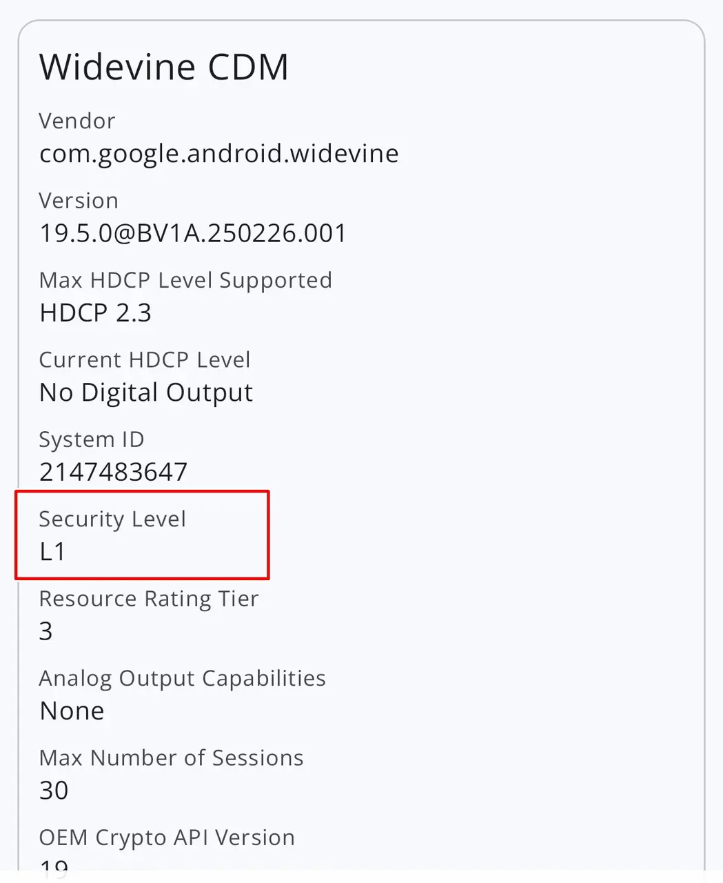 Widevineの確認画面