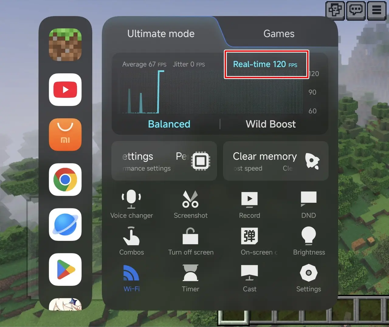 マインクラフトプレイ中のフレームレート確認画面