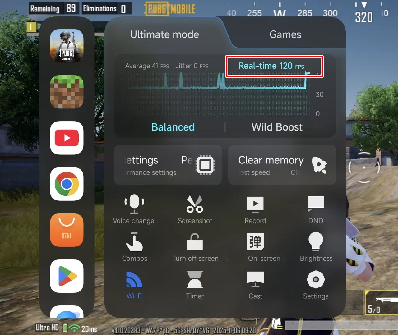 PUBGプレイ中のフレームレート確認画面