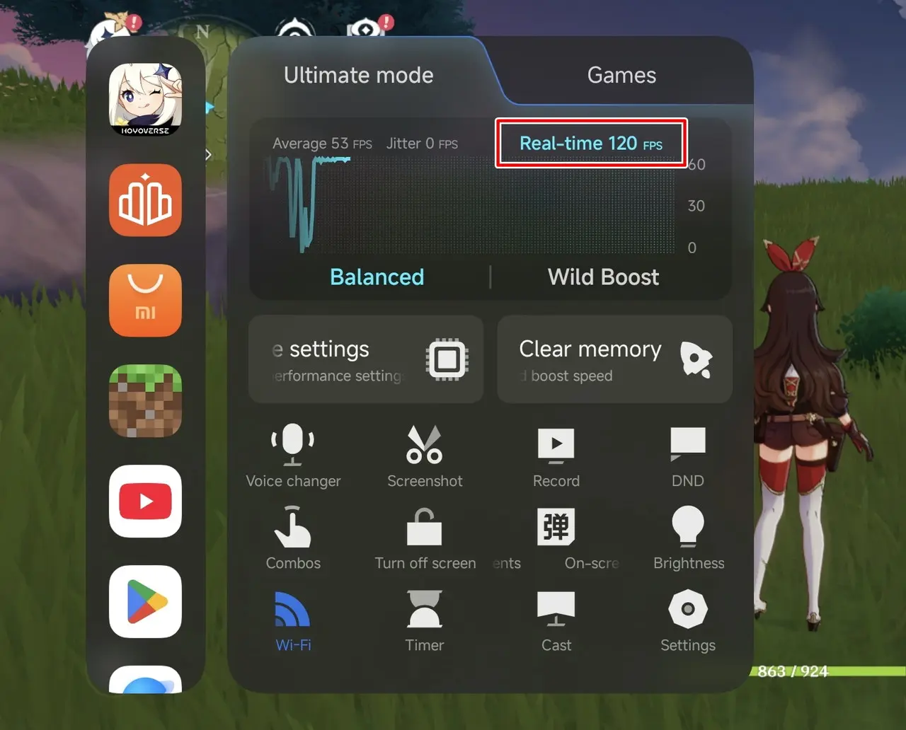 原神プレイ中のフレームレート確認画面