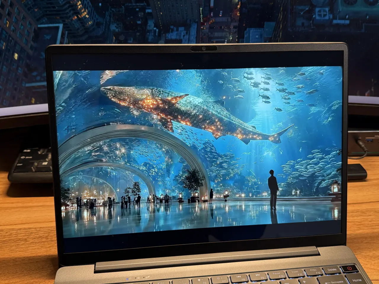 CHUWI Corebook Xで水族館の映像を映している様子