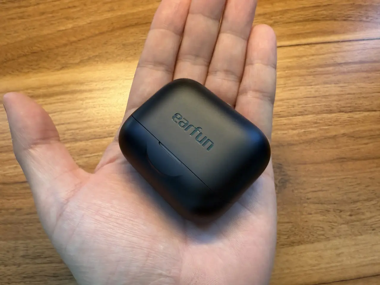 EarFun Air Pro 4+の充電ケースを手のひらに載せている様子