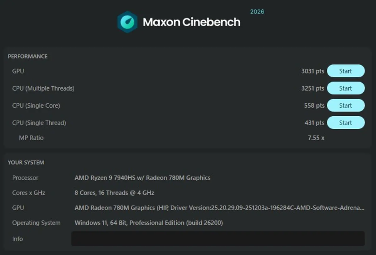 Cinebench 2026の結果