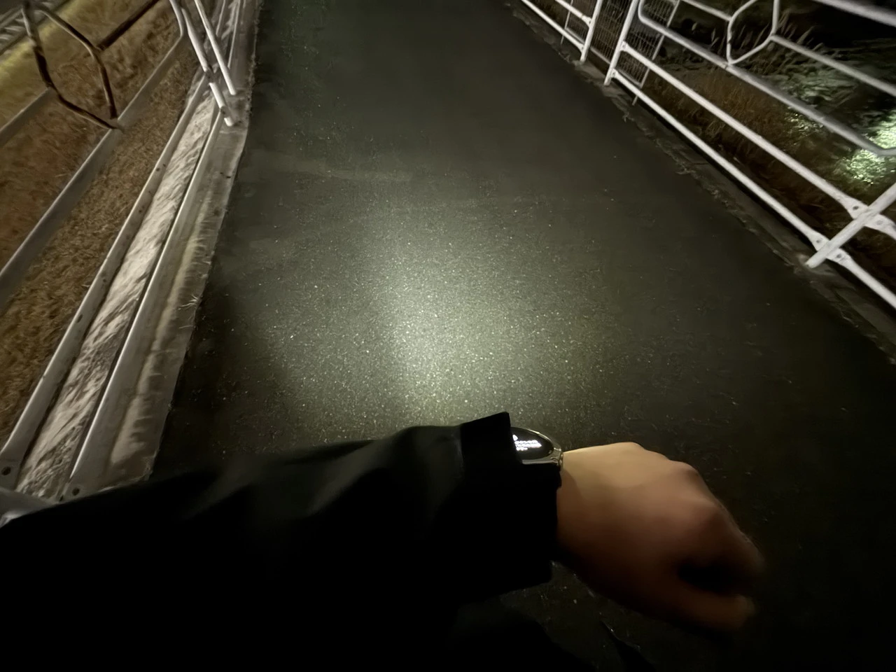 Amazfit T-Rex Ultra 2のライトで道を照らしている様子