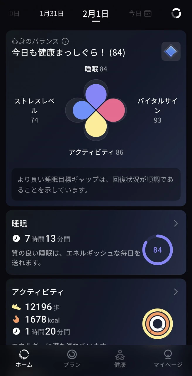 睡眠・リラックス状態(ストレス値)・活動・バイタルサイン状態の4つのパラメーター