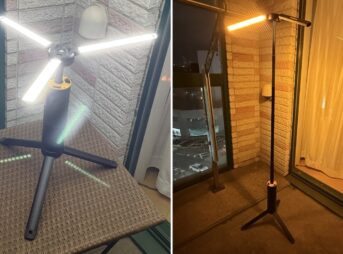 屋外で点灯しているBougeRV T1 キャンプライト