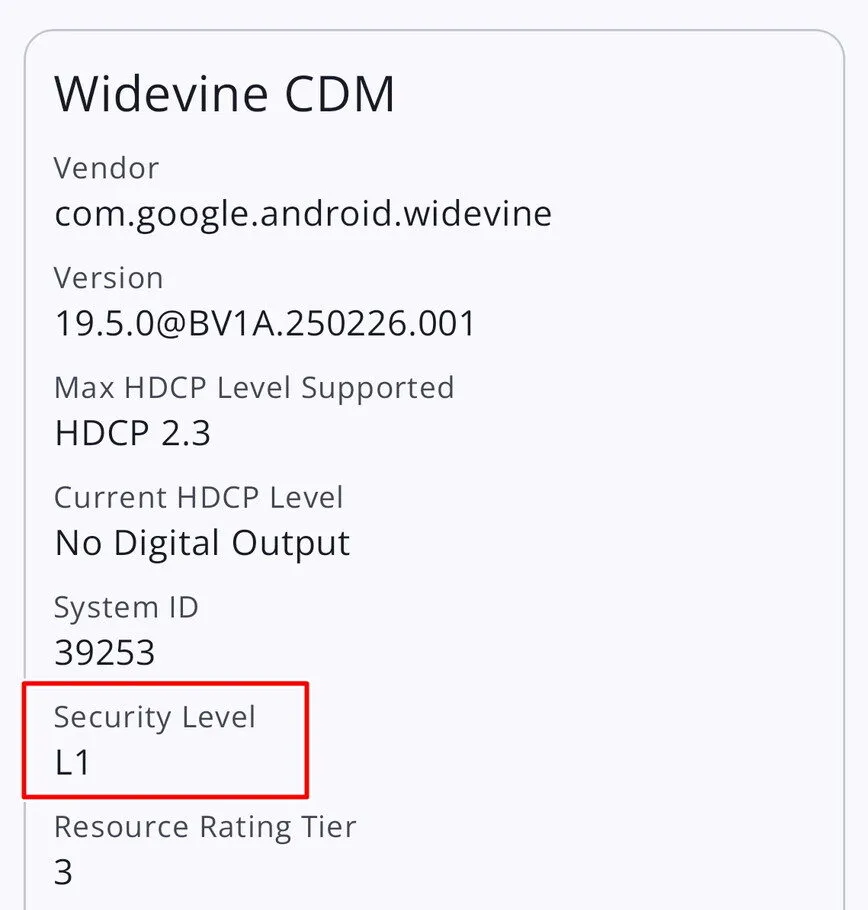 OPPO Find N6のWidevine確認画面