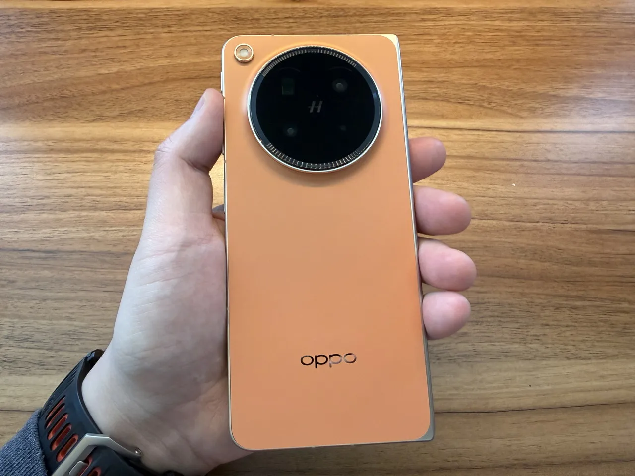 折りたたんだOPPO Find N6を手に持っている