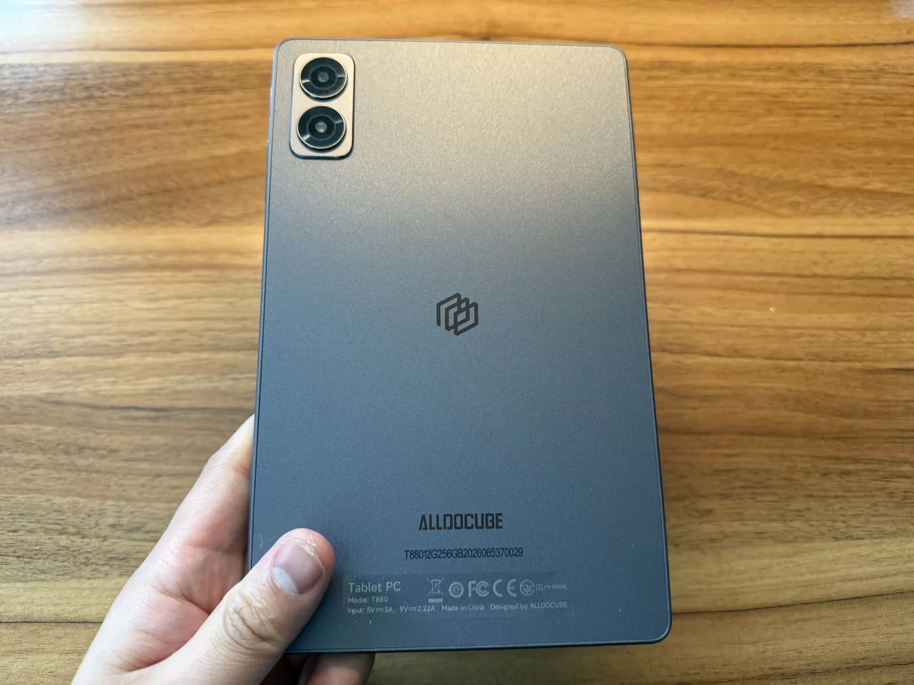 ALLDOCUBE iPlay 80 miniを手に持っている(背面)