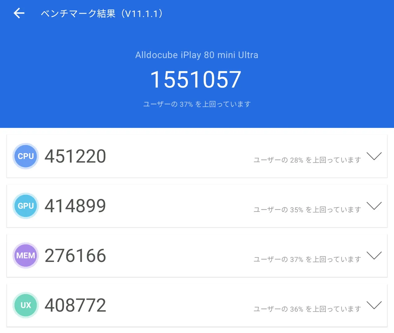 『iPlay 80 mini Ultra』のAnTuTuベンチマークテスト結果