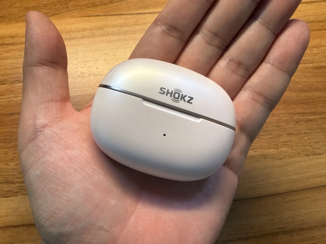 Shokz OpenDots 2の充電ケースを手のひらに載せている
