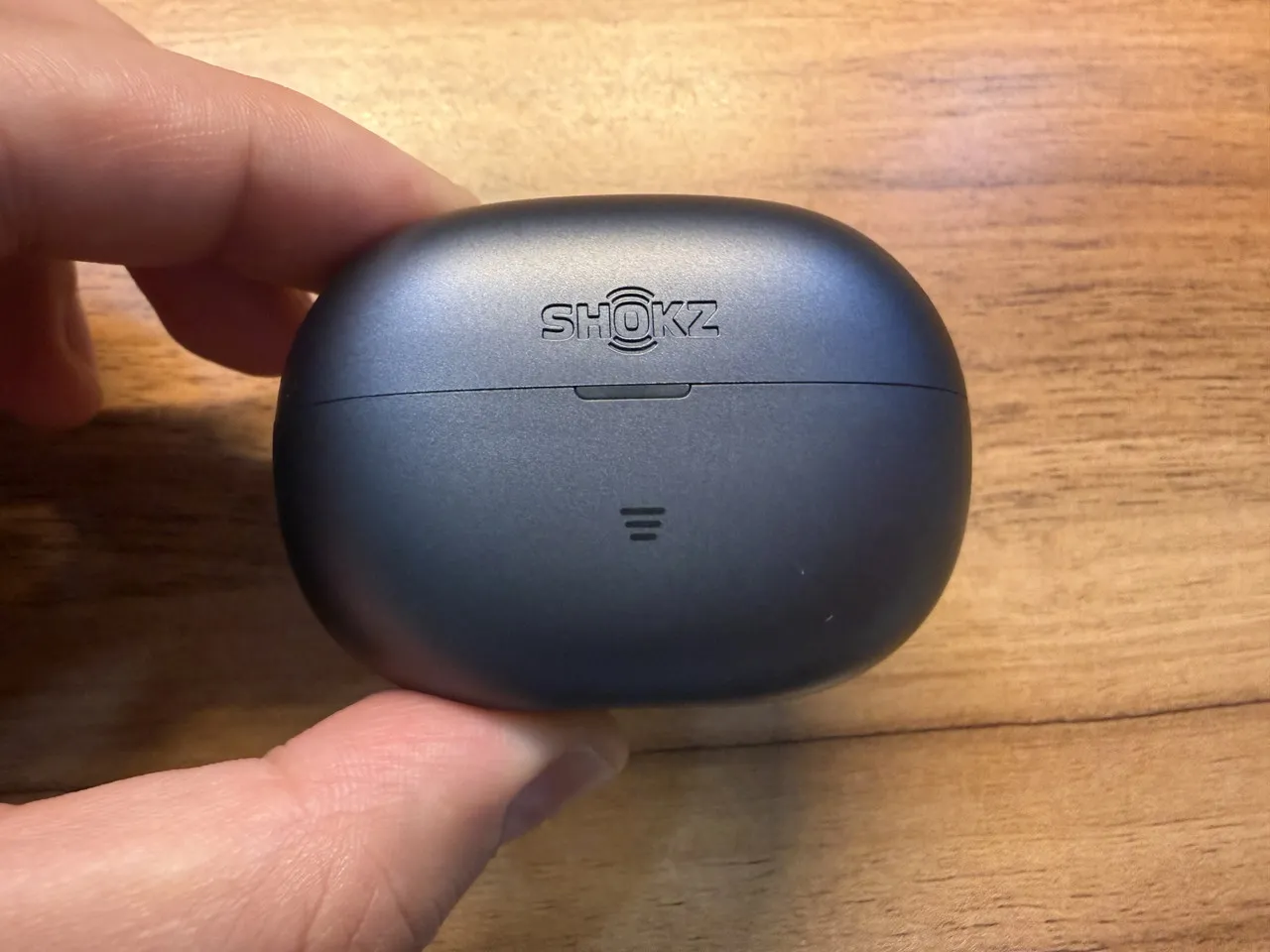 OpenDots Airの充電ケースを指で摘まんでいる