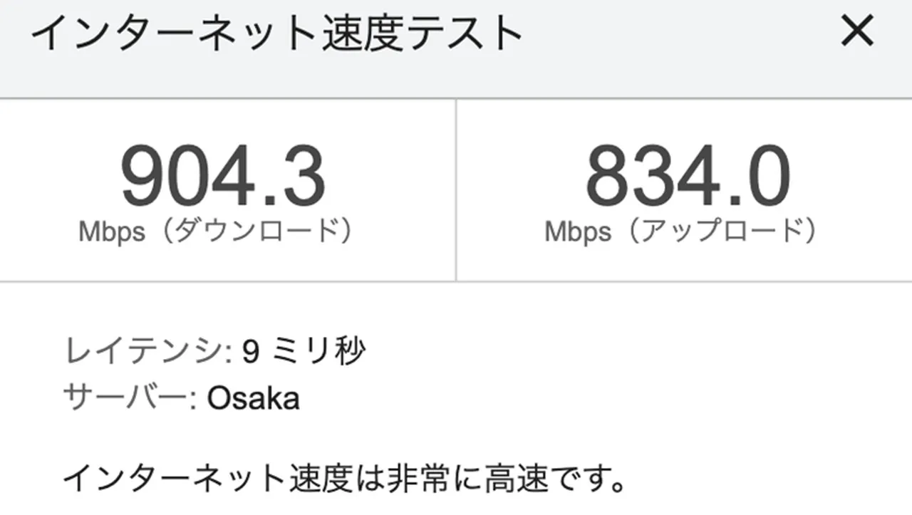 有線接続時のGoogle速度テストの結果