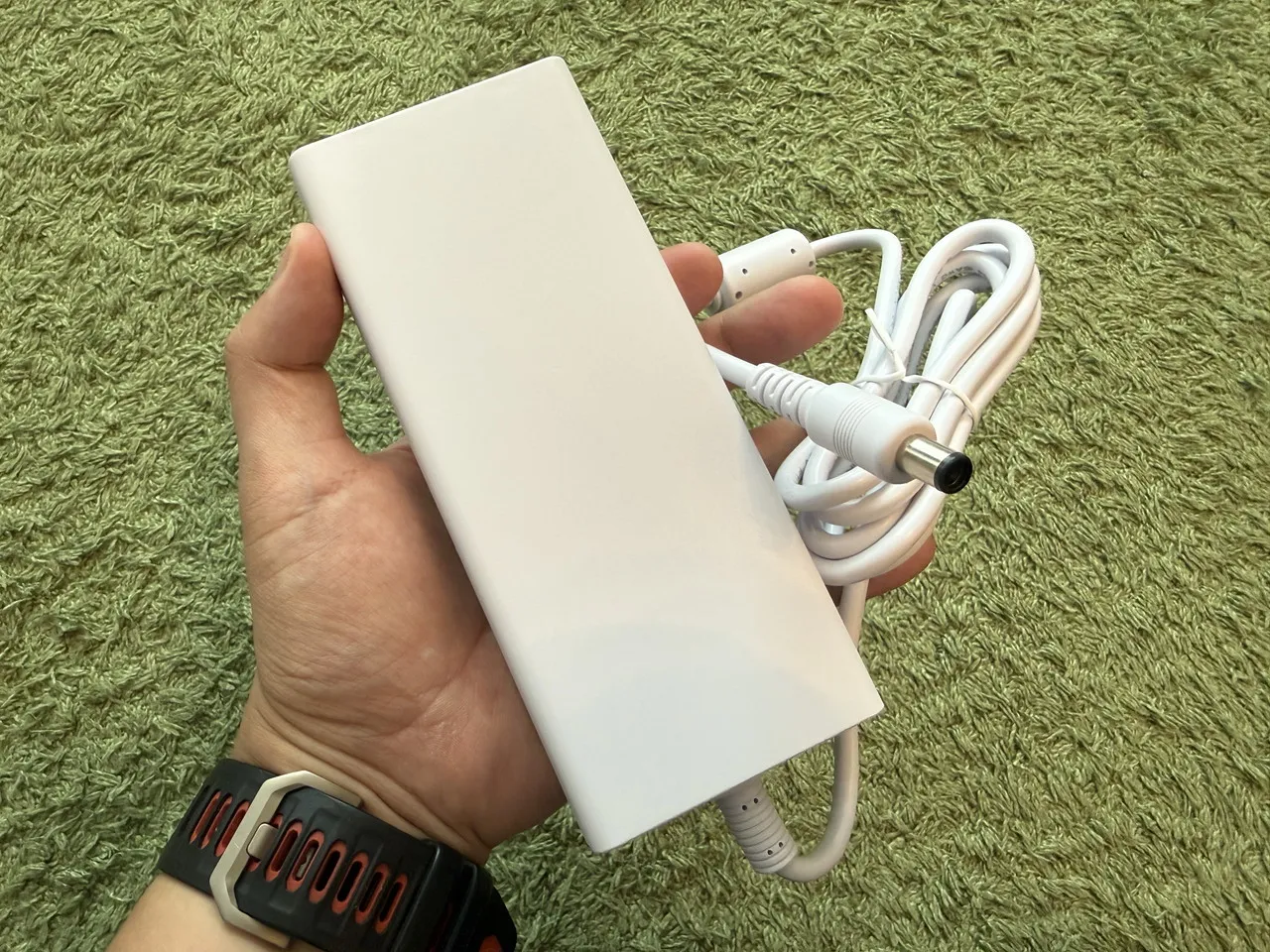 電源アダプタを手に持っている