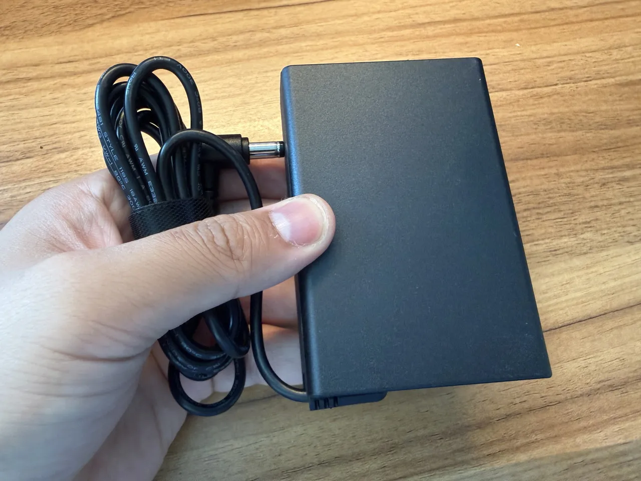 電源アダプタを手に持っている