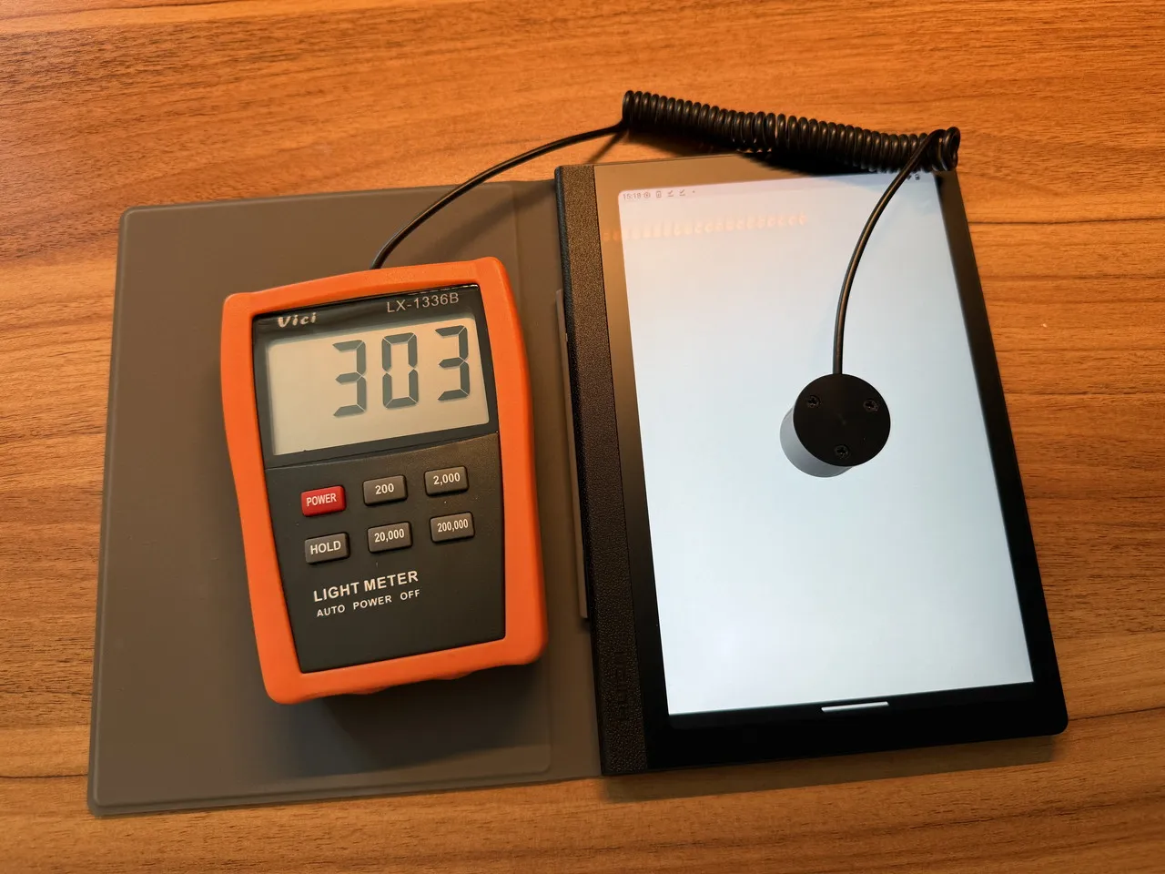 デジタルルクスメーター「Vici LX1336B」を使い、画面を最大輝度にした状態で測定した