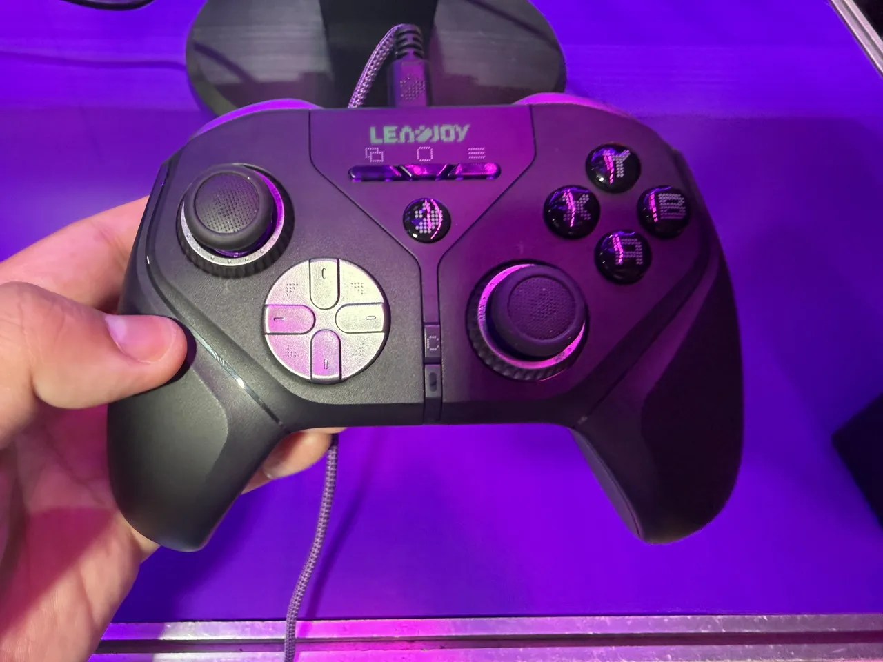 LeadJoyの黒いゲームパッドを手に持ち、スティックや銀色の方向キーを確認している様子