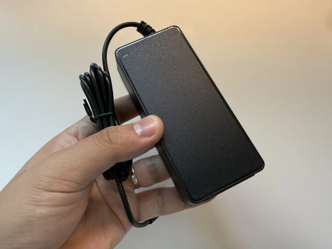電源アダプターを手に持っている